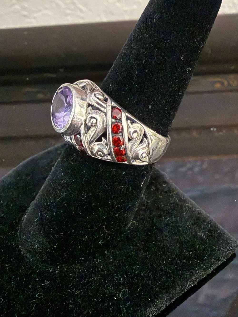 Amethyst and Garnet Accent Sterling Silver Statement Ring